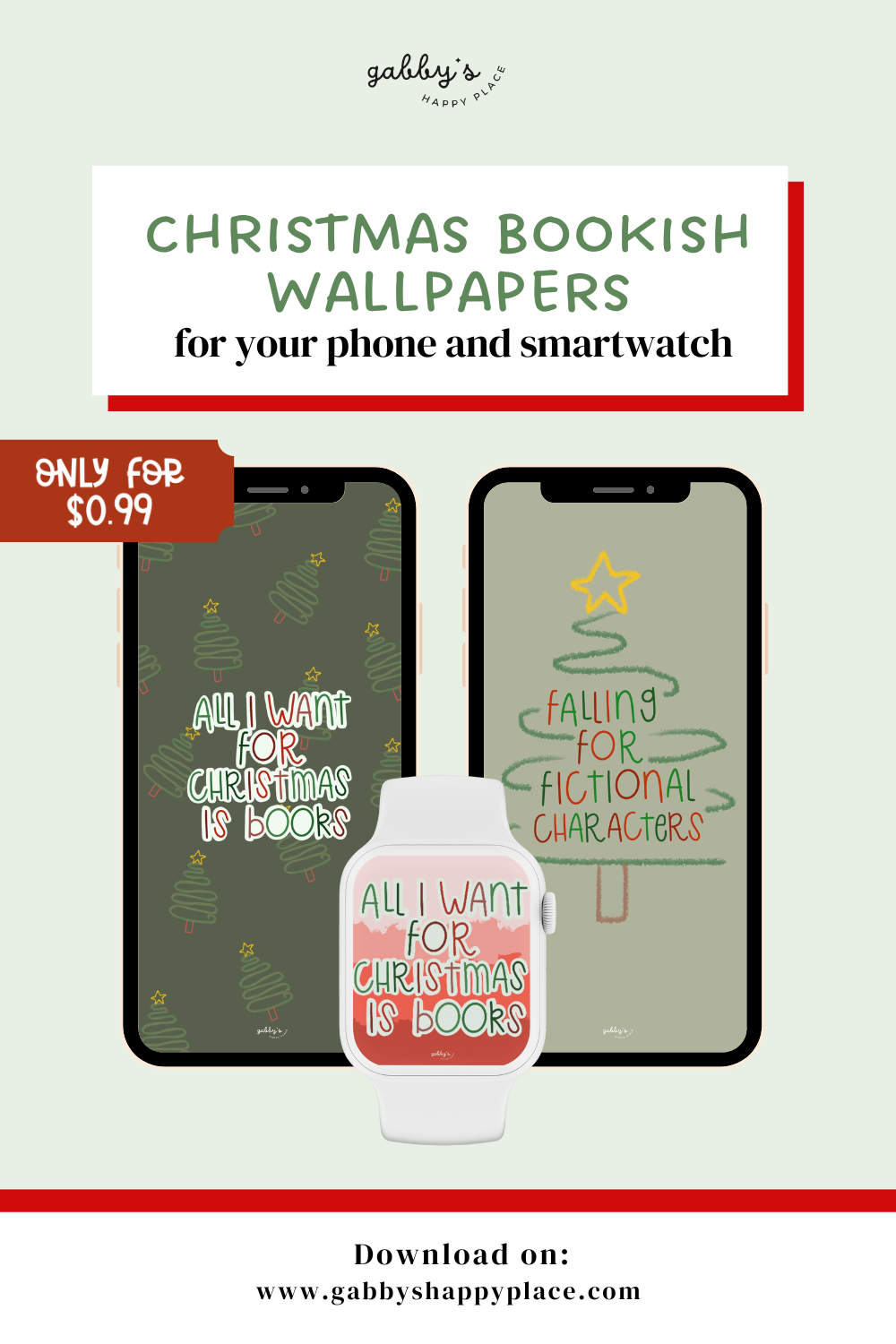 Christmas book-themed wallpapers (Phone + Smartwatch).